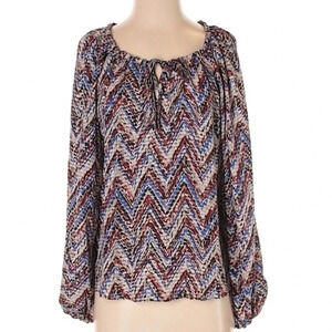 Parker Blue Brown & Tan Chevron 100% Silk Long Sleeve Peasant Blouse Size Small
